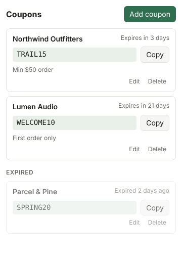The Coupon Keeper popup listing three coupons with their codes and expiry dates, one marked expired.